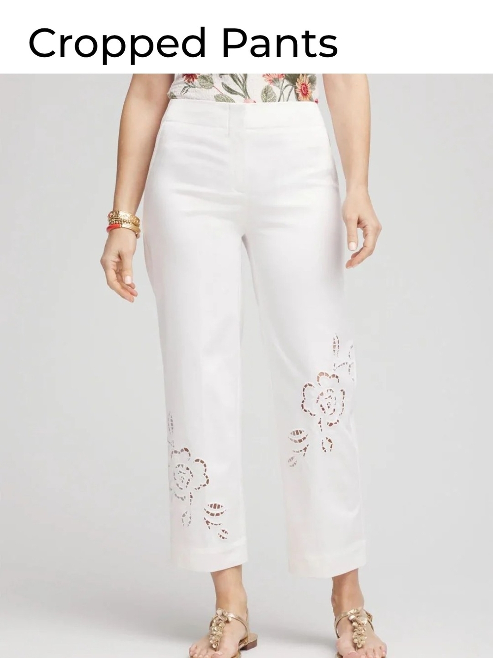 Chico's Sateen White Cropped Floral Cutout Pants - Women Sz 16